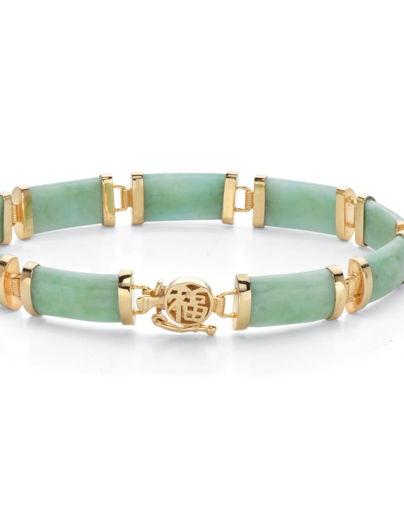 Front of a size 7.5 in Genuine Green Jade 18k Gold-Plated Link Bracelet 7.5" in Green by PalmBeach Jewelry. | dia_product_style_image_id:286490